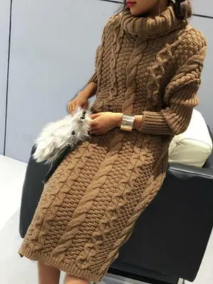 Winter Fashion Cozy Crochet Turtleneck Sweater Dress