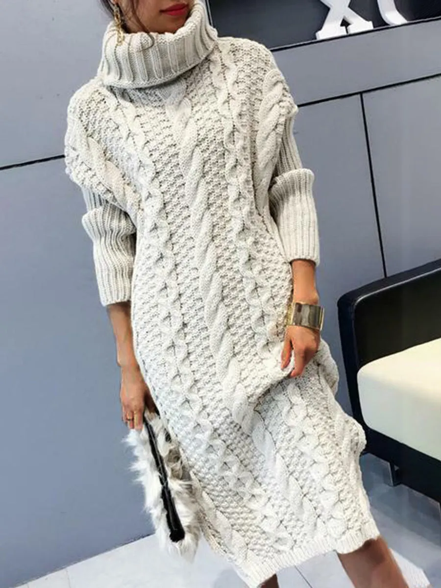 Winter Fashion Cozy Crochet Turtleneck Sweater Dress