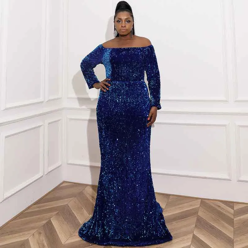 Women Plus Size Sequin Navy Blue Maxi Dress with Sleeves Evening Gowns