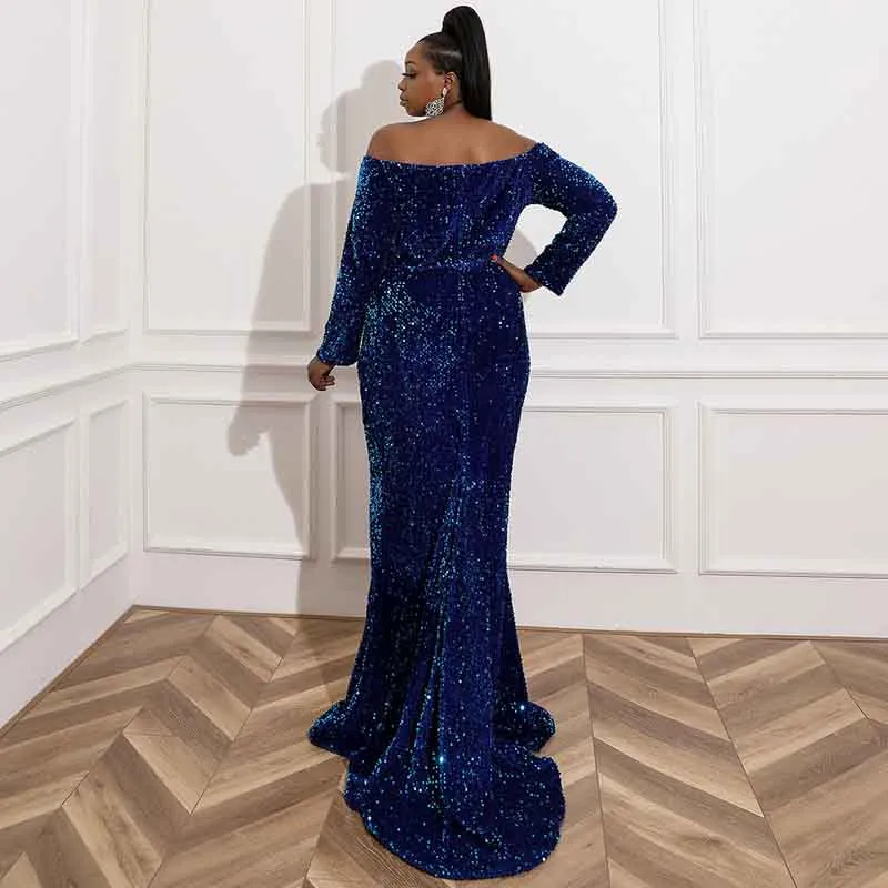 Women Plus Size Sequin Navy Blue Maxi Dress with Sleeves Evening Gowns